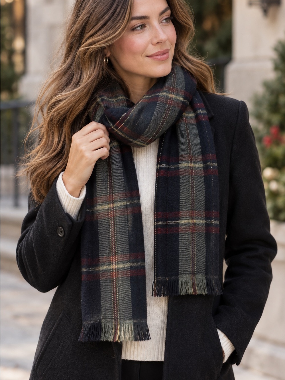Classic Tartan Plaid Scarf Navy Gray Burgundy Fringe Unisex Preppy